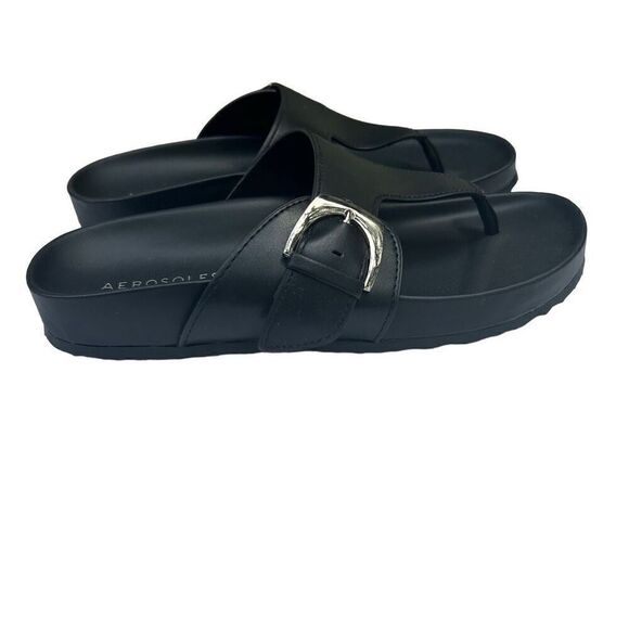 NWOT Aerosoles Flipflop Sandals Women's Size 7 Black Faux Leather Molded Footbed - Picture 3 of 9